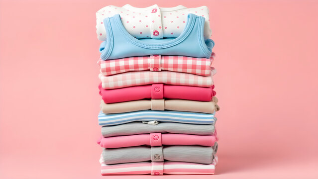 A stack of neatly folded colorful clothes and garments on a pink background