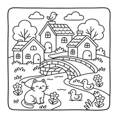 Fototapeta premium Cozy Cute Village Coloring Sheet with Cartoon Houses Snails and Whimsical Garden View