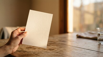 Obraz premium Hand Holding Blank Paper Card Mockup on Rustic Wooden Table