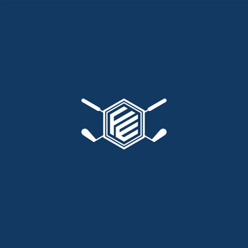 abstract monogram FE logo with crossed golf clubs in hexagonal shape concept