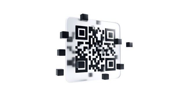 Floating 3d qr code icon with smooth matte black geometric shapes on white background