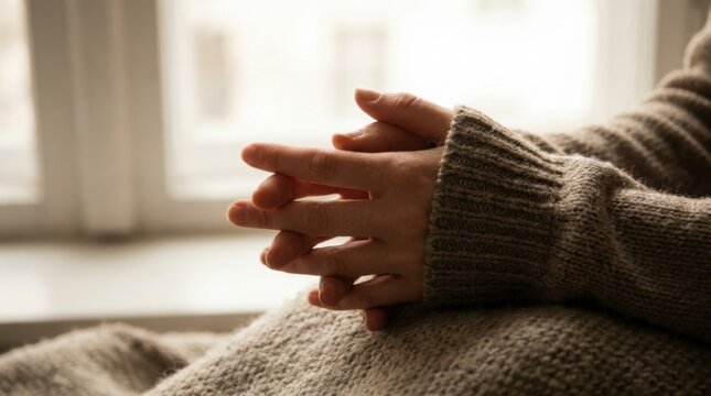 Close up of clasped hands in a knit sweater during a quiet moment