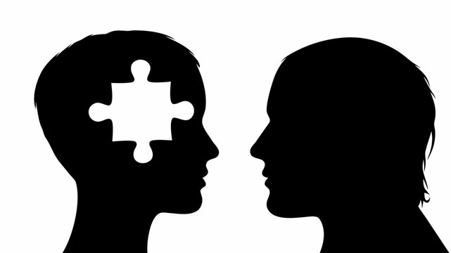 Silhouette of two human heads facing each other with a puzzle piece shape cut out of one head