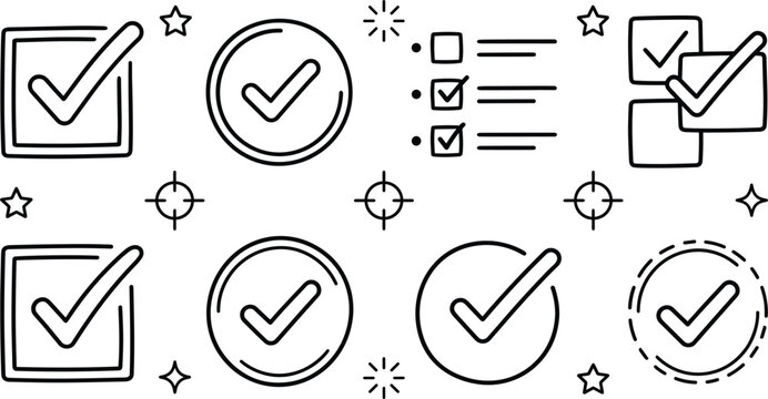 Minimalist hand drawn checkmark checkbox line art set featuring checklist survey forms bullet list ticks and black vector icons