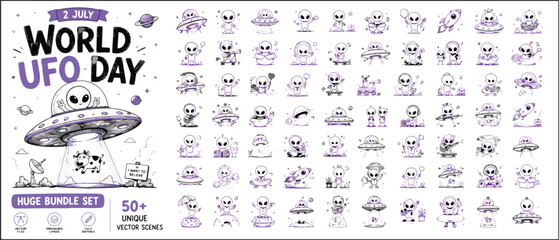 World UFO Day vector bundle, 50 unique alien character scenes and spaceship icons, hand drawn extraterrestrial doodle collection for July 2nd © Allah k hwaly