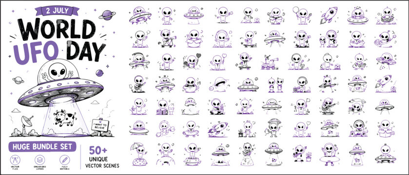 World UFO Day vector bundle, 50 unique alien character scenes and spaceship icons, hand drawn extraterrestrial doodle collection for July 2nd