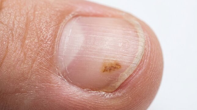 Close up shot of human finger nail with a brown spot or mark
