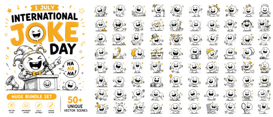 International Joke Day vector bundle, 50 plus unique emoji icons and cartoon characters, funny laughing faces for social media and greeting cards © Allah k hwaly