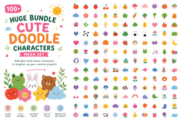 Cute doodle characters mega set, huge bundle of 100 plus hand drawn vector icons, adorable colorful kawaii illustrations for creative projects