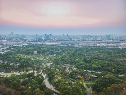Urban landscape serenity aerial view of bangkok's green spaces at dusk nature photography