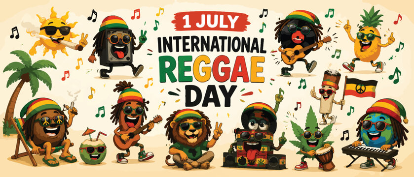 International Reggae Day celebration banner, 1 July music festival poster with cartoon characters, Rastafarian lion and tropical elements vector illustration