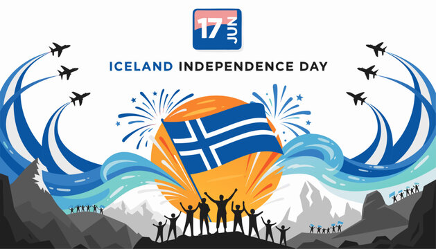 Iceland independence day celebration with flag and people on mountain