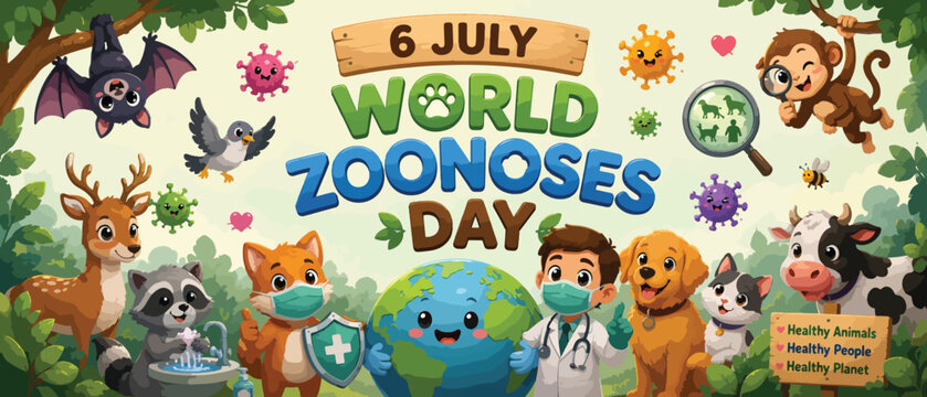 World Zoonoses Day banner for 6 July, cute cartoon animals and veterinarian in face masks, global health awareness vector illustration