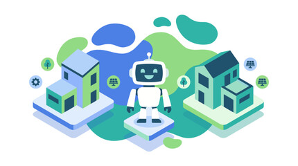 A friendly robot stands between two houses in a smart home technology illustration. © Khairul