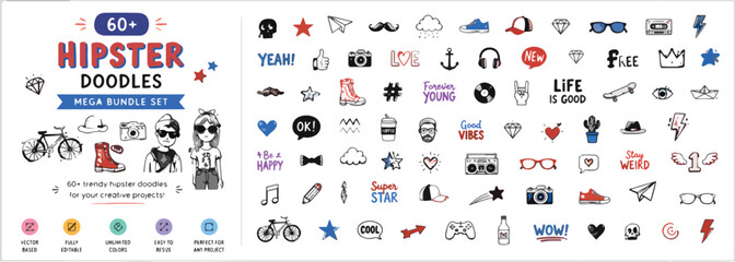 Hipster doodles mega bundle set, 60 plus trendy hand drawn vector icons, urban lifestyle sketches for t-shirt design and social media © Allah k hwaly