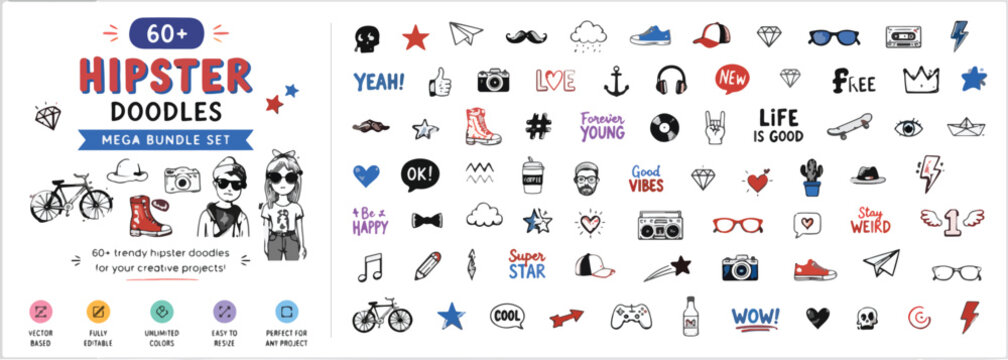 Hipster doodles mega bundle set, 60 plus trendy hand drawn vector icons, urban lifestyle sketches for t-shirt design and social media