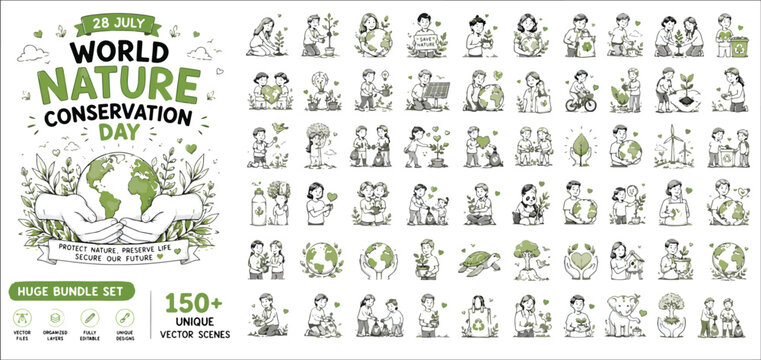 World Nature Conservation Day bundle, 150 unique vector scenes for environmental protection, hand drawn ecology icons and earth day illustrations