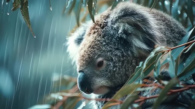 Koala Sitting in Eucalyptus Tree During Heavy Rain