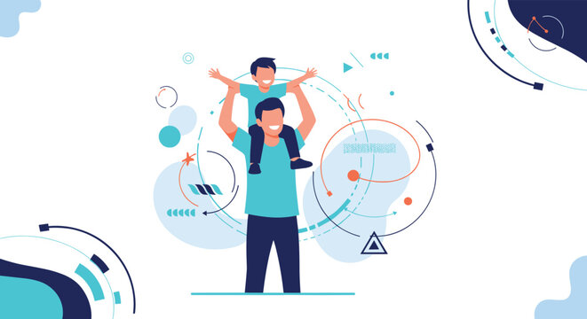 Happy father carrying his young son on his shoulders surrounded by colorful abstract circles and geometric line patterns.