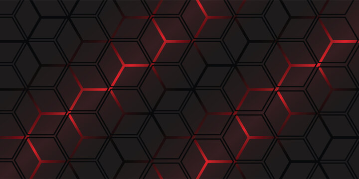 Dark hexagonal grid background with glowing red RGB lines  futuristic gaming aesthetic  black metallic texture  Technology presentation background  Gaming setup wallpaper