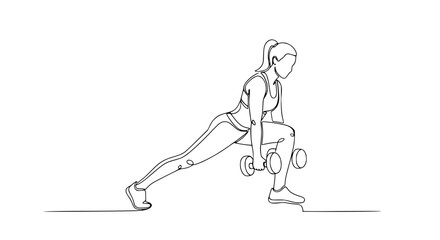Obraz premium Woman doing lunges with dumbbells, continuous line drawing art, fitness and workout concept