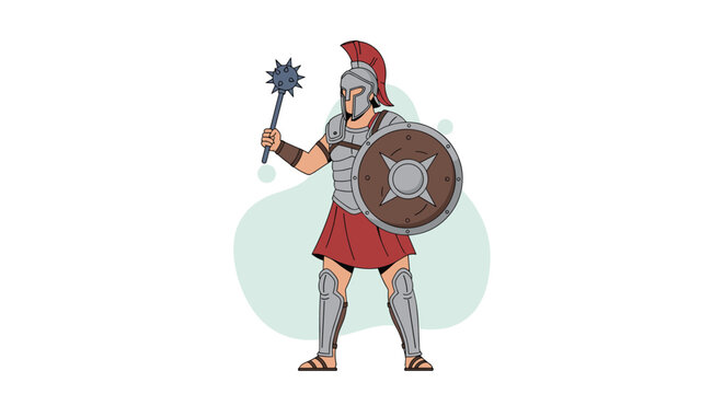 Ancient Roman gladiator or warrior standing tall wearing armor and a helmet while holding a spiked mace and a round shield.