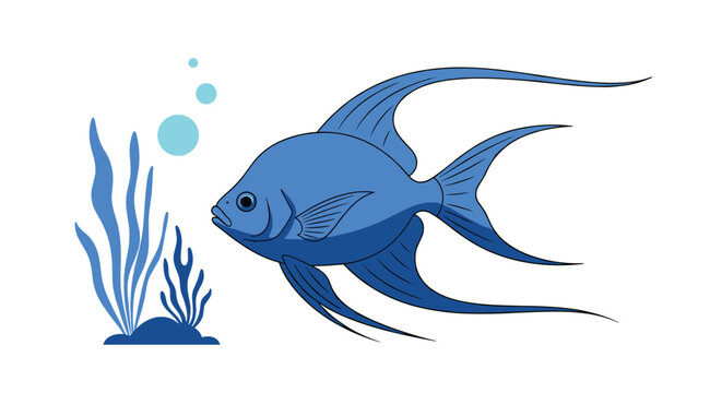 Detailed colorful illustration of a majestic blue angelfish swimming through bubbles and green aquatic sea plants.