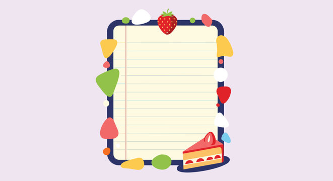 Playful border frame design for a notebook page with cute illustrations of fruits cakes and abstract geometric shapes.
