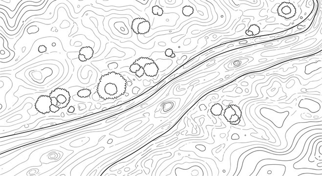 Minimalist topographic map illustration showing terrain contour lines and scattered clusters of stylized green trees.