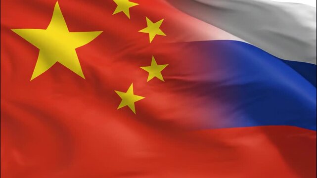 The image shows a composite flag blending the Chinese flag with the Russian flag. The Chinese flag's red background and yellow stars are on the left, while the Russian flag's white, blue, and red stri
