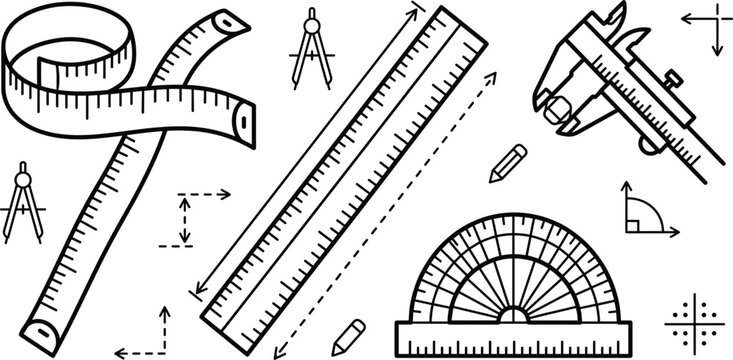 Minimalist measuring tool line art set featuring ruler tape protractor caliper compass arrow dimensions and black technical vector elements
