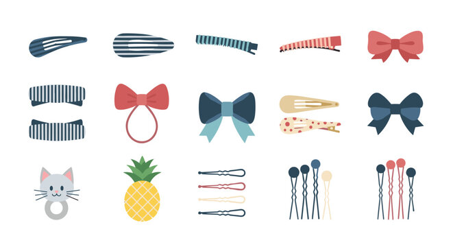 Assorted collection of cute hair accessories including clips, bows, bobby pins, and a cat-shaped band for girls and women.