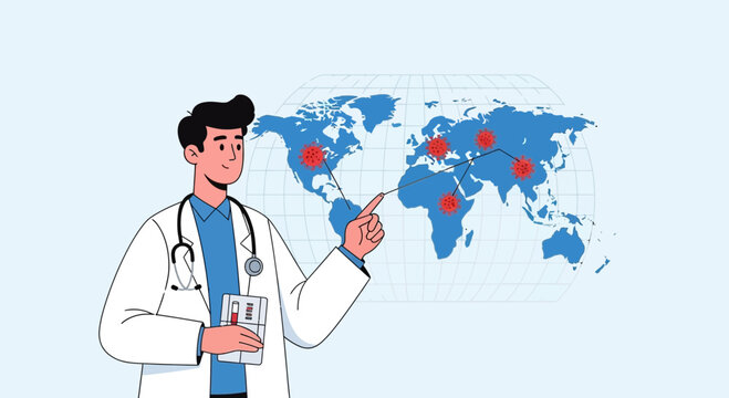 Doctor pointing at world map with virus outbreak zones