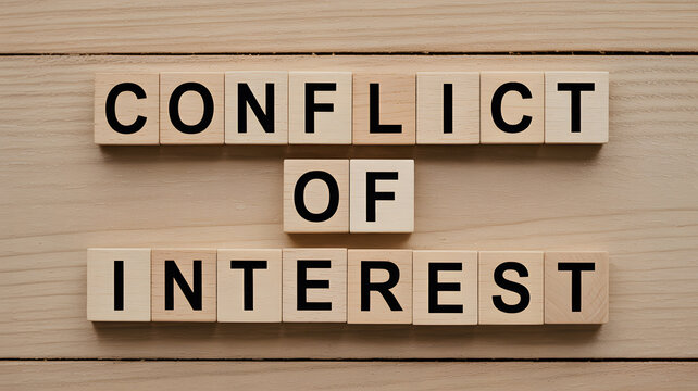 A wooden background with conflict of interest blocks arranged in a neat pattern