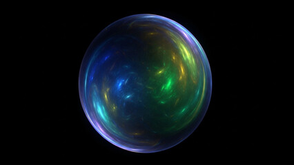 Fototapeta premium Iridescent cosmic energy sphere with swirling multi-colored nebula clouds and internal light flow isolated on deep black background for abstract digital art projects.