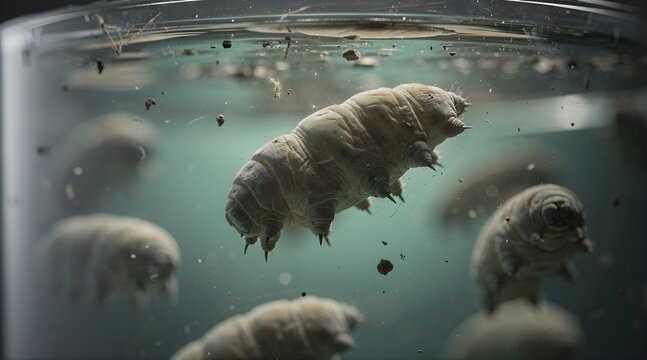 Microscopic view of tardigrades swimming in a fluid environment.