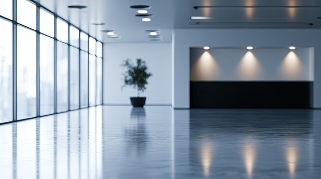 Modern, empty reception area with large windows, plant, and recessed lighting