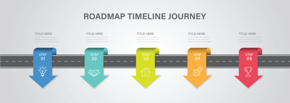 Business road map arrow timeline infographic design with 5 steps, options, and process. Business Events' annual business presentation. Vector illustration.