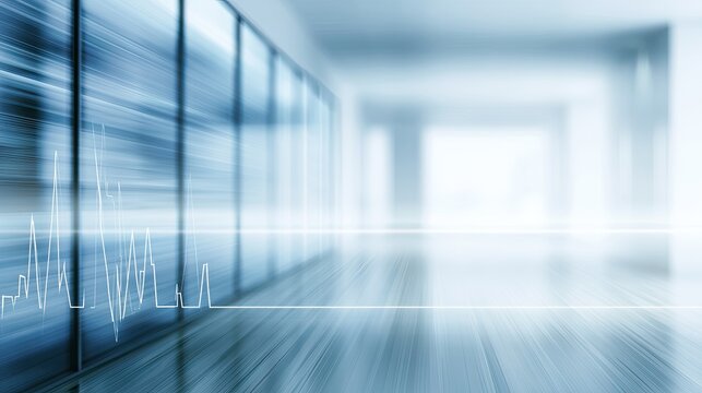 Modern, blurred, bright hallway with glass walls and a faint graph overlay