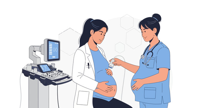 Pregnancy Ultrasound Exam with Doctor and Nurse