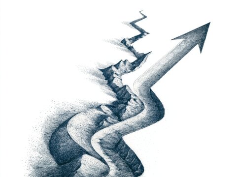 High angle perspective of three parallel, very different winding paths (one smooth, one jagged, one narrow), all merging into a final big upward-pointing arrow