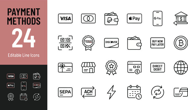 Comprehensive Payment Method Vector Line Icon Set for E-commerce Checkout UI and FinTech Financial Applications Featuring Global Credit Card Symbols and Digital Banking Transaction Symbols