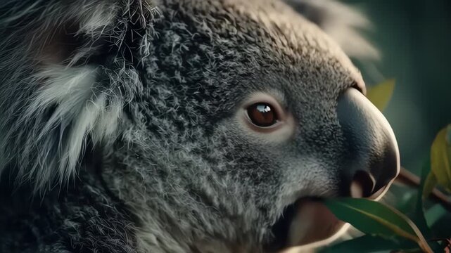 Extreme Close Up of a Koala Eating Eucalyptus Leaves