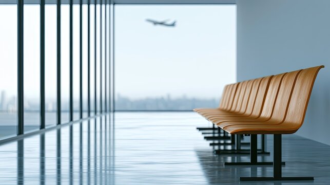 Rows of empty orange seats in a modern airport terminal with a distant plane