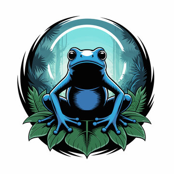 Blue Frog Sitting on Leaves Meditating.