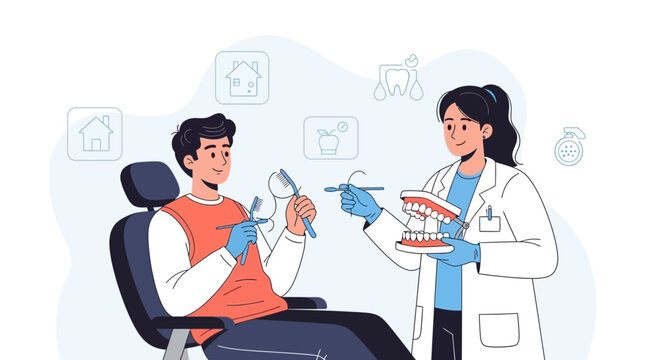 Dentist showing teeth model to patient, oral hygiene concept, illustration