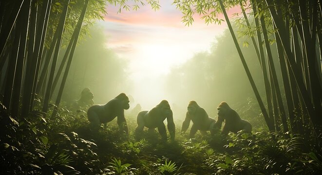 Family of gorillas in lush green bamboo forest at sunrise with bamboo stalks gorillas wildlife