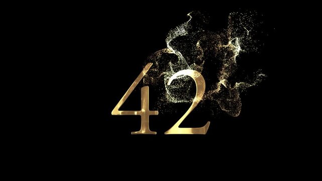 Golden number 42 from particles, numbering, forty two, golden numbers, alpha channel, numerology, beautiful golden numbers with particles on a transparent background