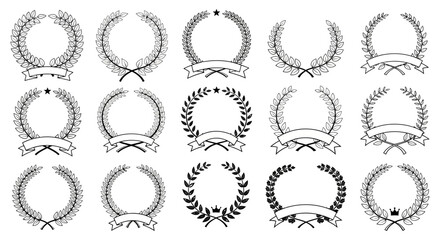 Fototapeta premium Laurel wreath set black and white line drawing