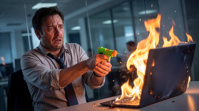 Panicked businessman using toy water gun to extinguish burning laptop in dark office